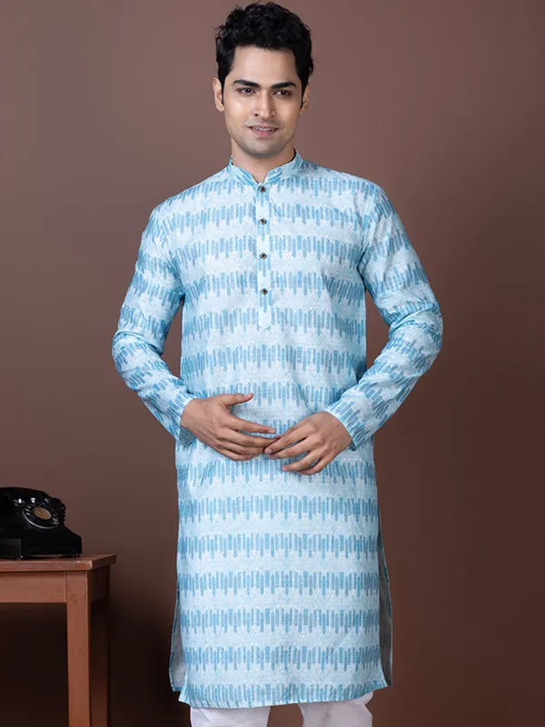 Blue_Geometric_Woven_Design_Mandarin_Collar_Kurta_With_Pyjama_For_Men