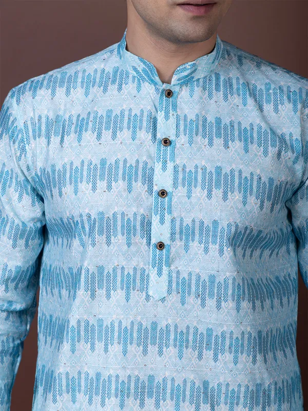 Blue_Geometric_Woven_Design_Mandarin_Collar_Kurta_With_Pyjama_For_Men