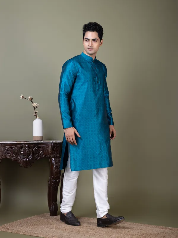 Men_Jacquard_Blue_Kurta