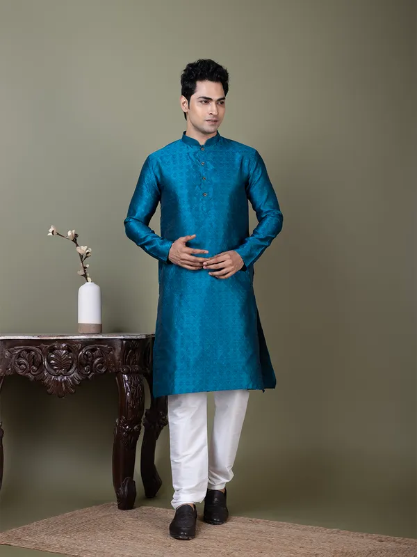 Men_Jacquard_Blue_Kurta