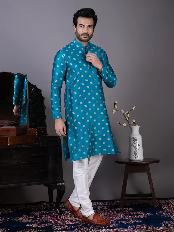 Men_Jacquard_Blue_Kurta