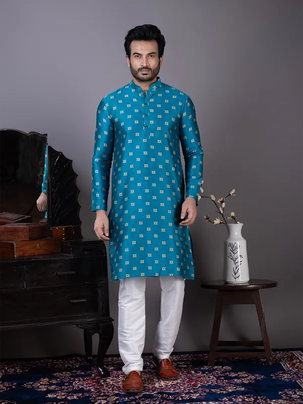 Men_Jacquard_Blue_Kurta
