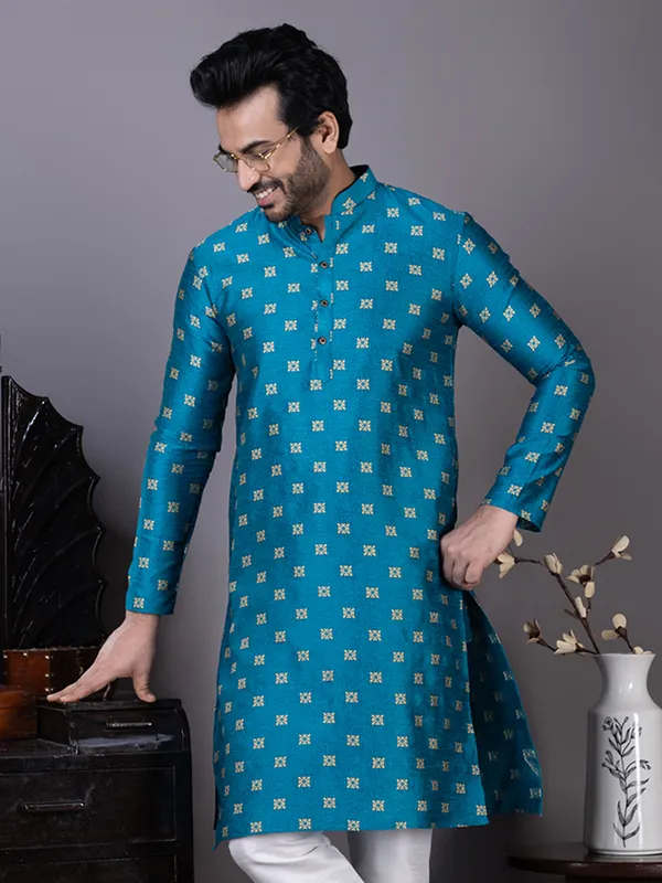Men_Jacquard_Blue_Kurta