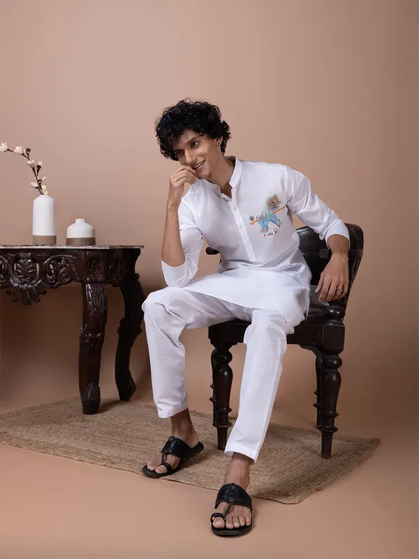 Men_Printed_White_Kurta