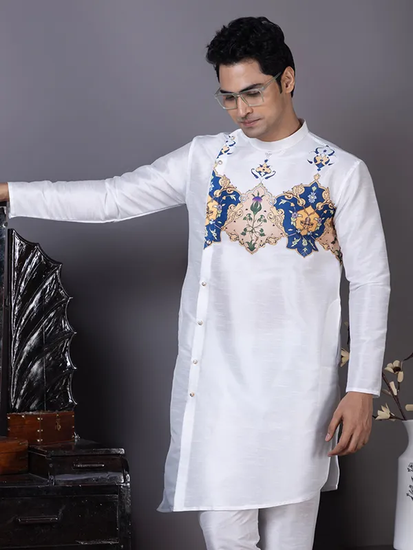 Men_Silk_Printed_White_Kurta