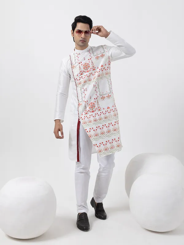 Men_Silk_Printed_White_Kurta