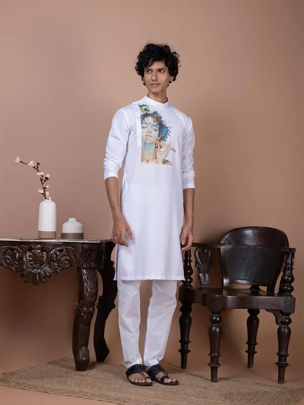 Men_Printed_White_Kurta