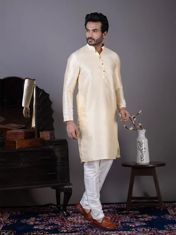 Men_Jacquard_Printed_Beige_Kurta