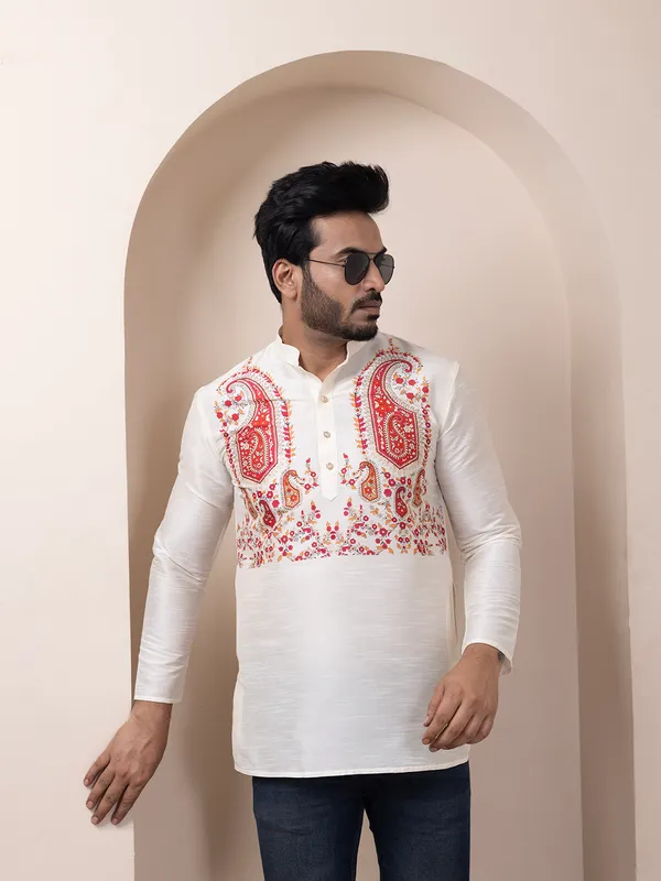 Mens_White_Art_Silk_Printed_Short_Kurta