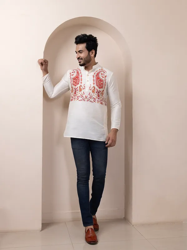 Mens_White_Art_Silk_Printed_Short_Kurta