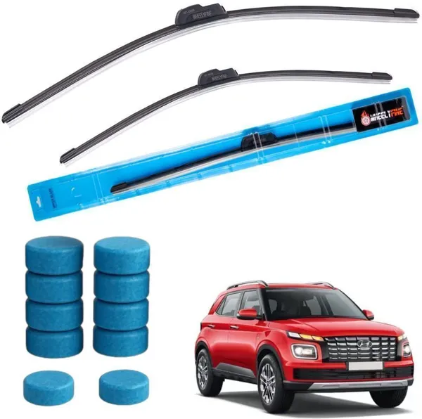Wheelyfine_Frameless_Windshield_Wiper_(Passenger_And_Driver_Side_Wipers,_Pack_of:_2)_Hyundai_Venue_2019_ownards_Dr_24"/Pa_18"_|_10_pcs_Washer_Tablets