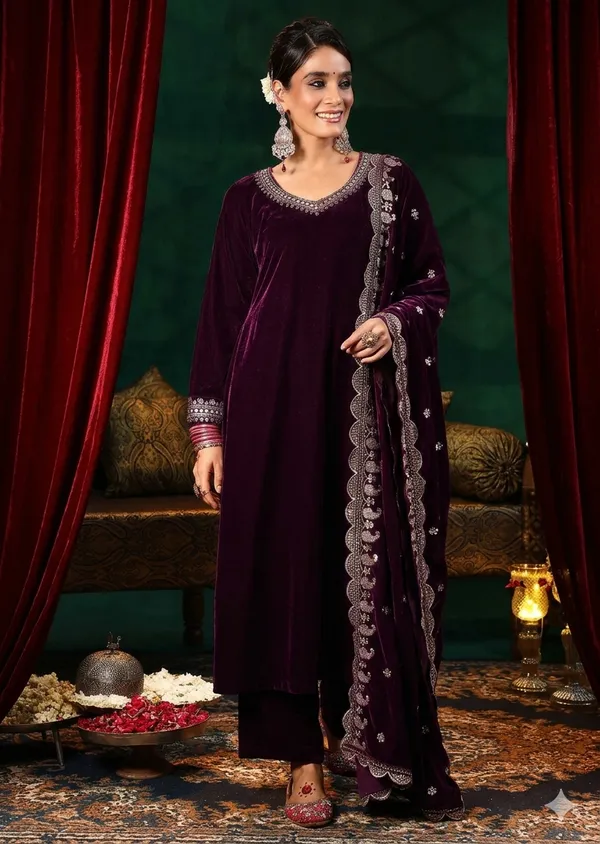 Maroon_Premium_Velvet_3-Piece_Kurta_Set_With_Dupatta_&_Pant_Suitable_for_Girls_and_Women