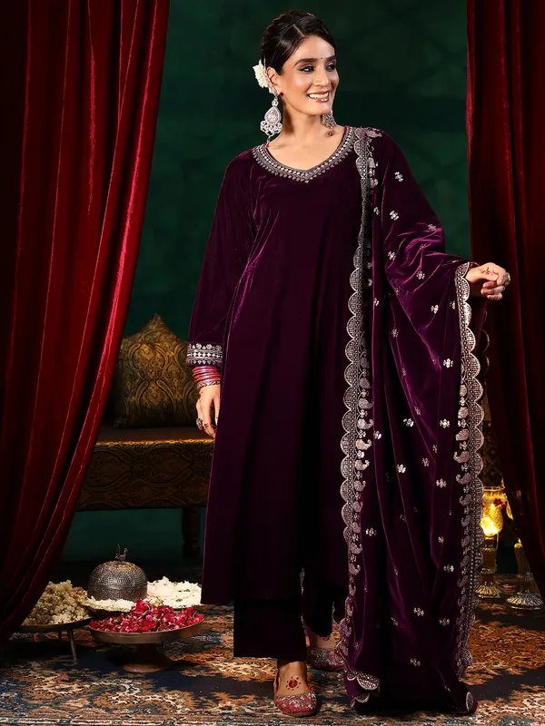 Maroon_Premium_Velvet_3-Piece_Kurta_Set_With_Dupatta_&_Pant_Suitable_for_Girls_and_Women
