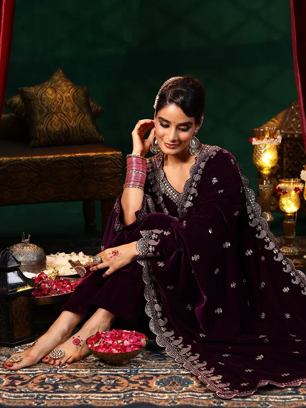 Maroon_Premium_Velvet_3-Piece_Kurta_Set_With_Dupatta_&_Pant_Suitable_for_Girls_and_Women