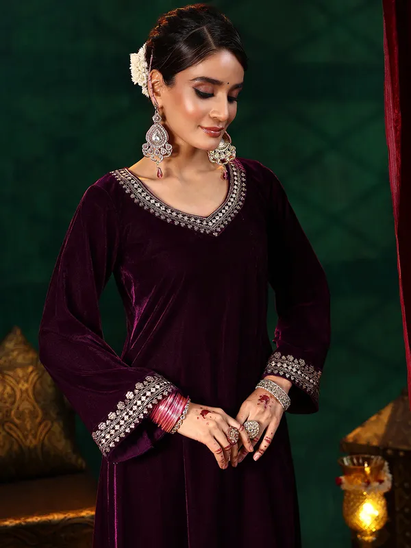 Maroon_Premium_Velvet_3-Piece_Kurta_Set_With_Dupatta_&_Pant_Suitable_for_Girls_and_Women