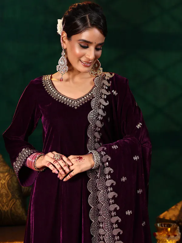 Maroon_Premium_Velvet_3-Piece_Kurta_Set_With_Dupatta_&_Pant_Suitable_for_Girls_and_Women
