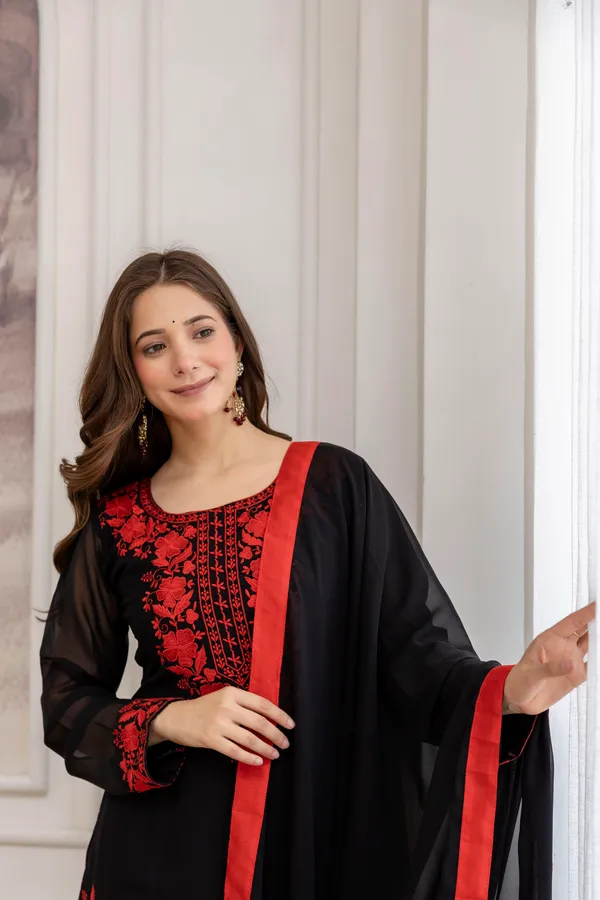 Black_Premium_Georgette__3-Piece_Kurta_Set_With_Dupatta_&_Pant_Suitable_for_Girls_and_Women