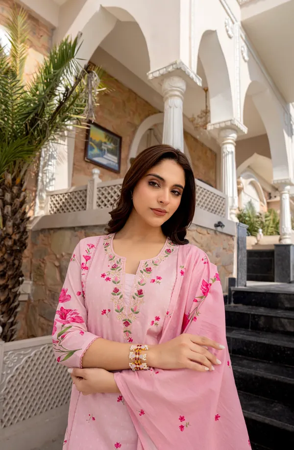 Pink_Premium_Chanderi_3-Piece_Kurta_Set_With_Dupatta_&_Pant_Suitable_for_Girls_and_Women