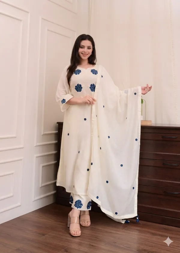 100%_Cotton_Summer_Ivory_Kurta_Set_with_Blue_Floral_Embroidery