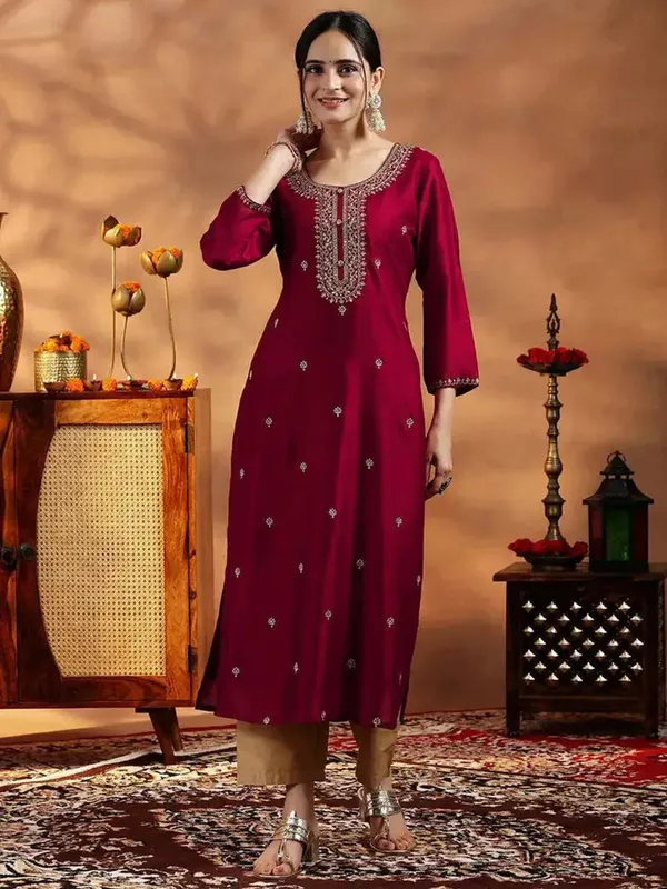 Women_Embroidered_Art_Silk_A-Line_Maroon_Kurti
