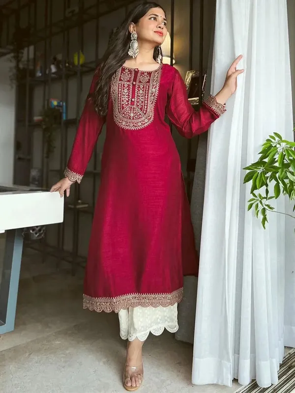 Women_Embroidered_Art_Silk_A-Line_Maroon_Kurti