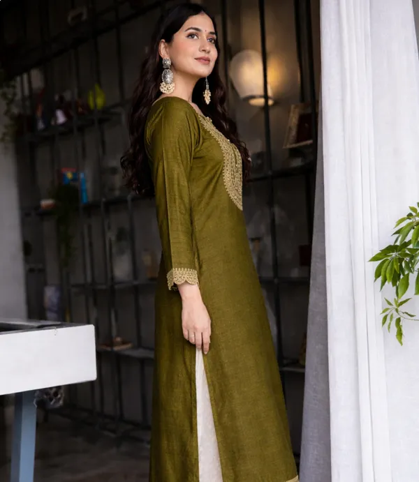 Women_Embroidered_Art_Silk_A-Line_Olive_Green_Kurti