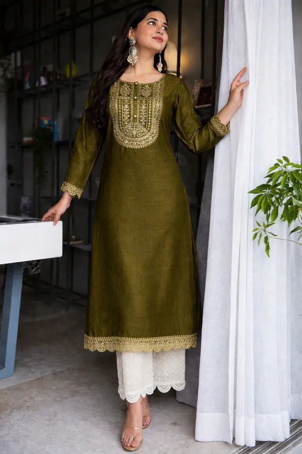Women_Embroidered_Art_Silk_A-Line_Olive_Green_Kurti