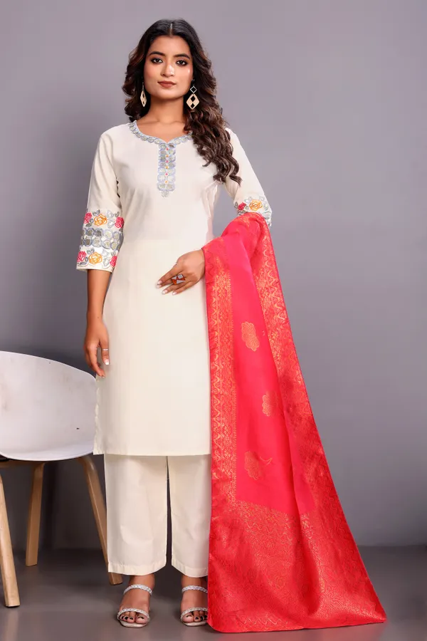 Breathable_100%_Cotton_Off-White_Summer_Kurta_Pant_Set_with_Soft_Floral_Dupatta