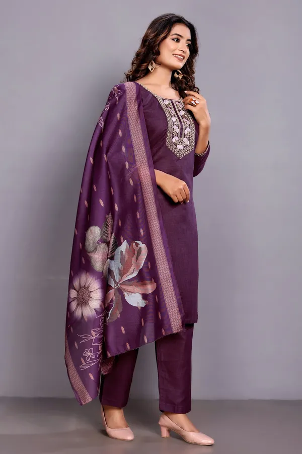 Elegant_Purple_Kurta_Set_with_Neck_Embroidery_&_Designer_Floral_Dupatta_for_Women