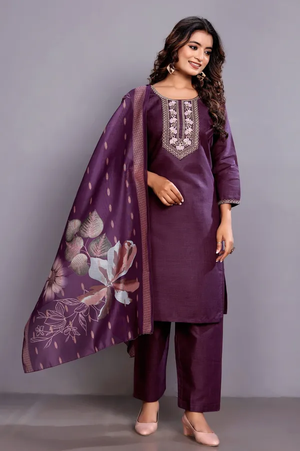 Elegant_Purple_Kurta_Set_with_Neck_Embroidery_&_Designer_Floral_Dupatta_for_Women