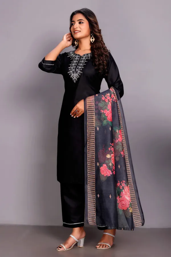 Black_Embroidered_Traditional_Kurta_Set_with_Soft_Floral_Dupatta_for_Girls_and_Women