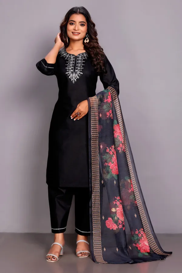 Black_Embroidered_Traditional_Kurta_Set_with_Soft_Floral_Dupatta_for_Girls_and_Women