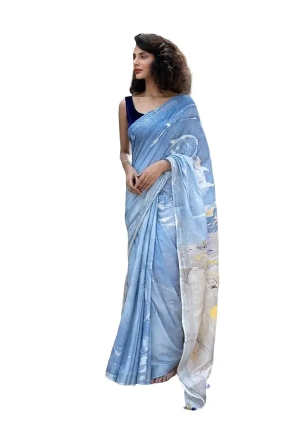Blue_Linen_Slub_Saree_For_Women