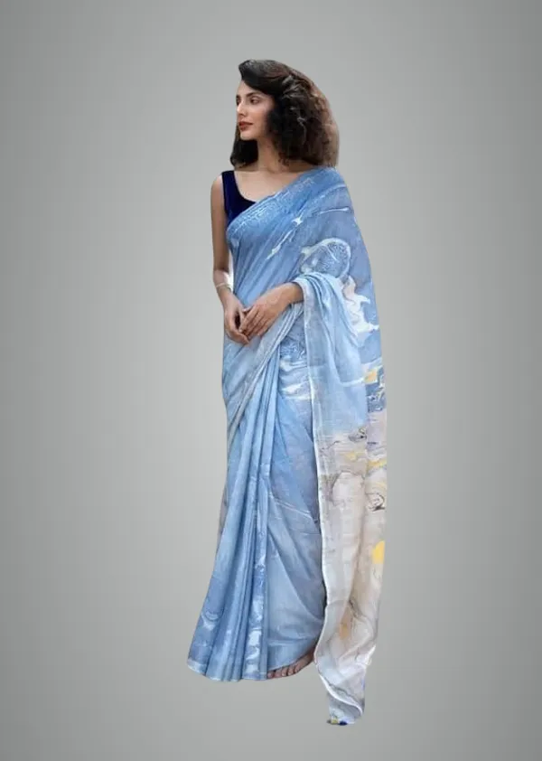 Blue_Linen_Slub_Saree_For_Women