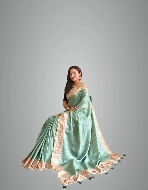 Green_Tussar_Silk_Embroidery_Saree_For_Women