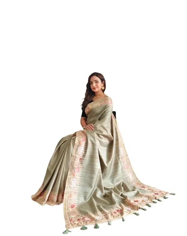 Pista_Tussar_Silk_Embroidery_Saree_For_Women