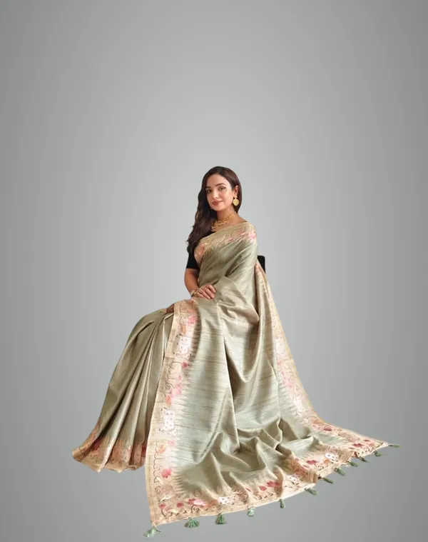 Pista_Tussar_Silk_Embroidery_Saree_For_Women