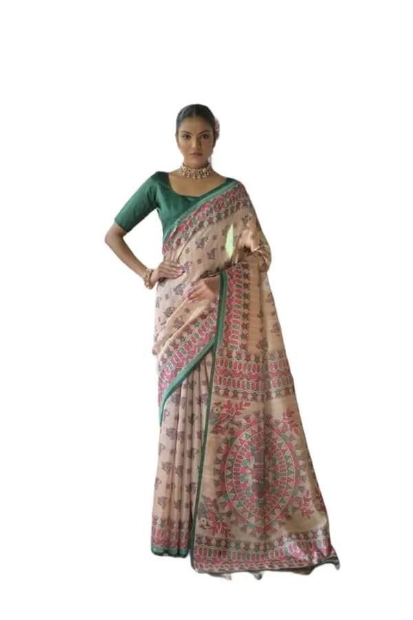 White_&_Green_Tussar_Silk_Saree_For_Women