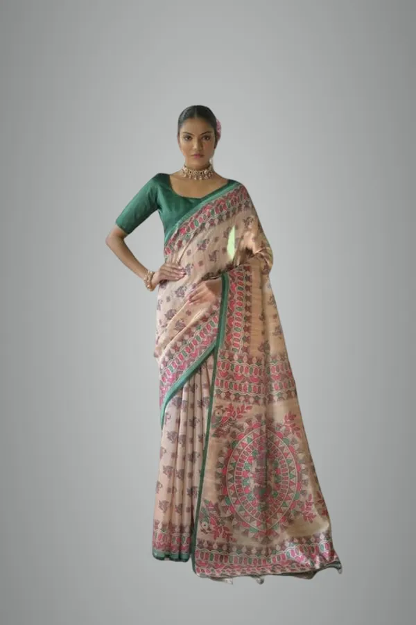 White_&_Green_Tussar_Silk_Saree_For_Women