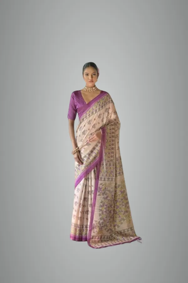White_&_Purple_Tussar_Silk_Saree_For_Women
