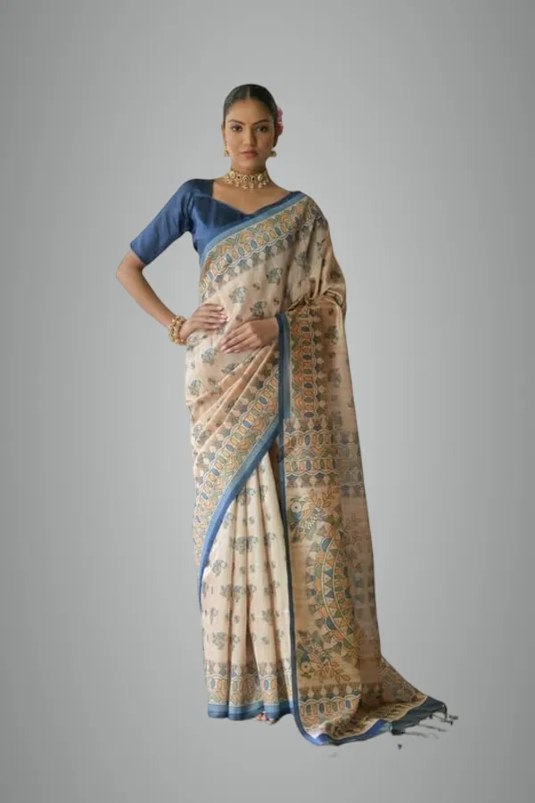 White_&_Blue_Tussar_Silk_Saree_For_Women