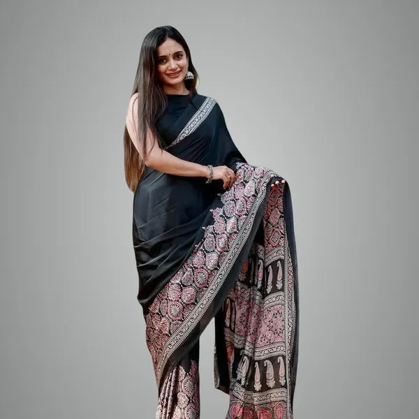 Black_Modal_Silk_&_Natural_Gajji_Silk_Saree_with_Unstitched_Blouse_Piece_|5.5_mt