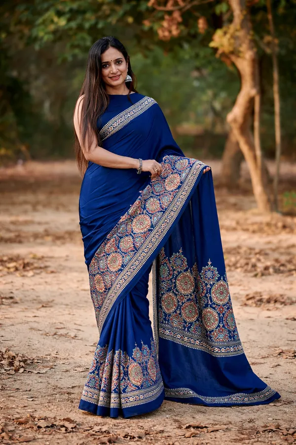 Blue_Modal_Silk_&_Natural_Gajji_Silk_Saree_with_Unstitched_Blouse_Piece_|5.5_mt