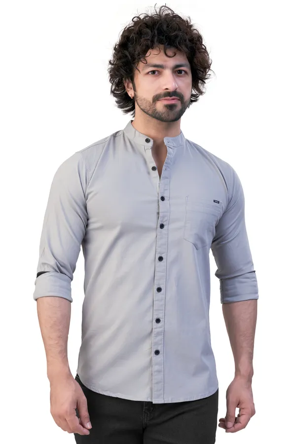 Grey_Plain_Stand_Collar_Premium_&_Elegant_Casual_Shirt_For_Men