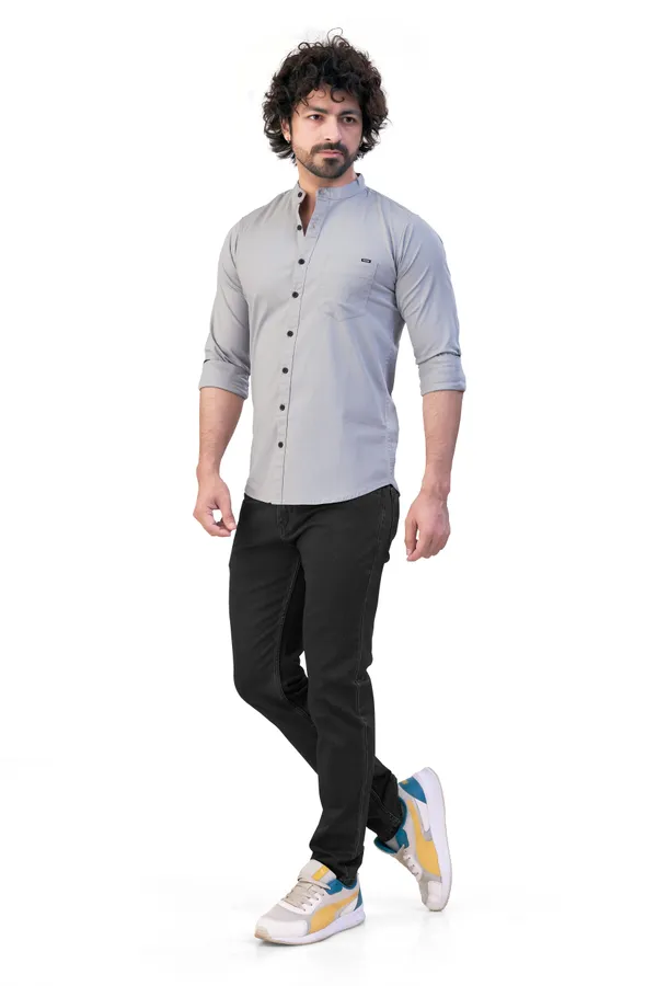Grey_Plain_Stand_Collar_Premium_&_Elegant_Casual_Shirt_For_Men