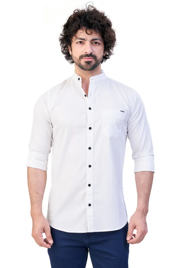 White_Plain_Stand_Collar_Premium_&_Elegant_Casual_Shirt_For_Men