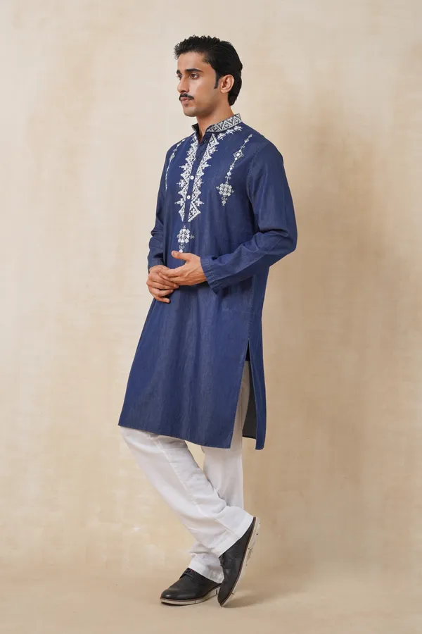 Dark_Blue_Denim_Long_Embroidery_Kurta_For_Men