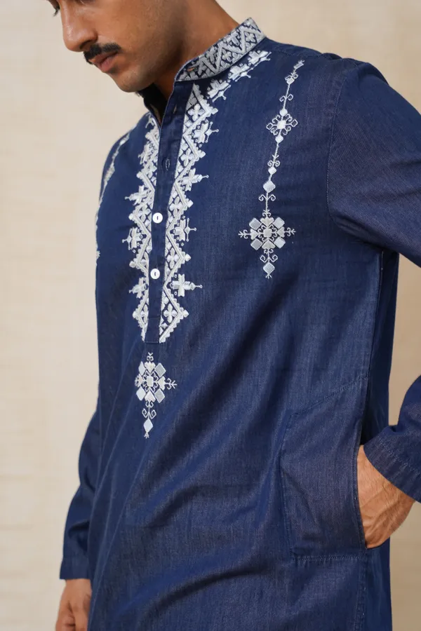 Dark_Blue_Denim_Long_Embroidery_Kurta_For_Men