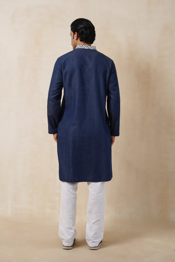 Dark_Blue_Denim_Long_Embroidery_Kurta_For_Men