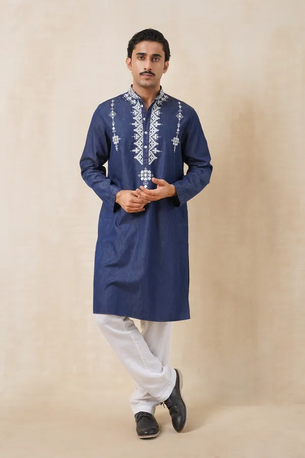 Dark_Blue_Denim_Long_Embroidery_Kurta_For_Men